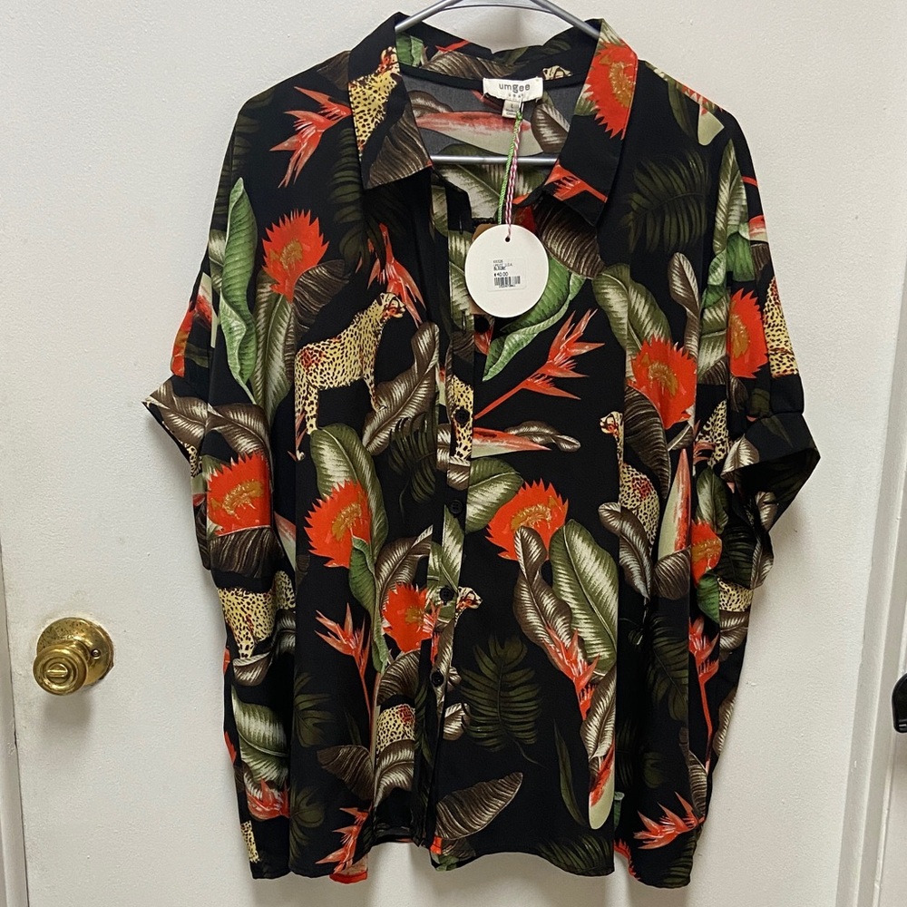 Umgee Black Button-Up Tropical Print Top with Red & Green Accents